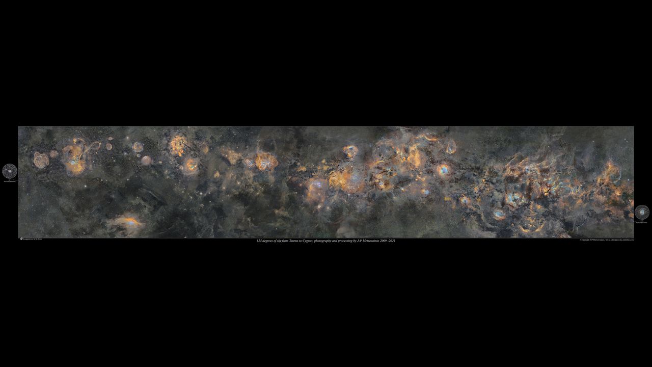 The Milky Way mosaic is shown here mapped colors from the light emitted by an ionized elements, hydrogen = green, sulfur = red and oxygen = blue. NOTE, the apparent size of the moon in a lower left corner.