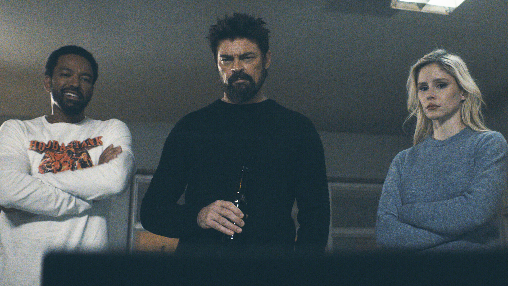 Mother's Milk, Billy, and Starlight looking at something off-camera in The Boys season 5