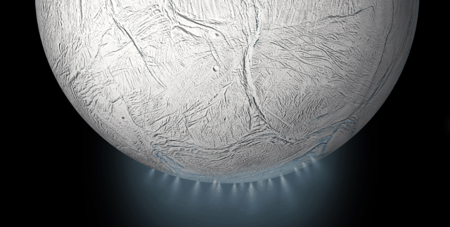 Illustration of the interior of Saturn's moon Enceladus showing a global liquid water ocean between its rocky core and icy crust. Thickness of layers shown here is not to scale.