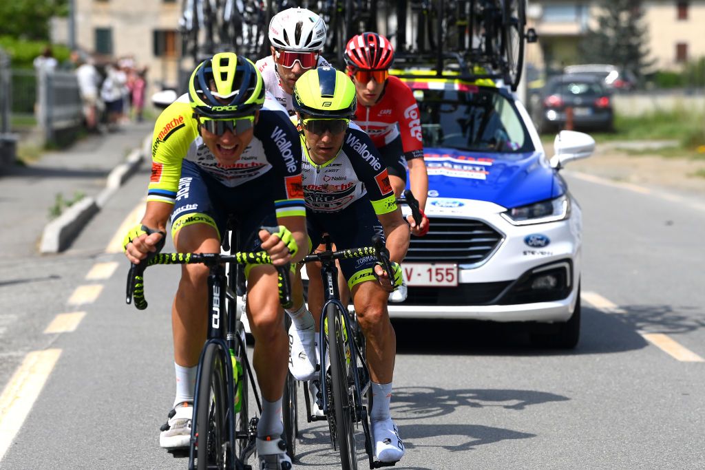 APRICA ITALY MAY 24 LR Rein Taaramae of Estonia and Domenico Pozzovivo of Italy and Team Intermarch Wanty Gobert Matriaux compete during the 105th Giro dItalia 2022 Stage 16 a 202km stage from Sal to Aprica 1173m Giro WorldTour on May 24 2022 in Aprica Italy Photo by Tim de WaeleGetty Images