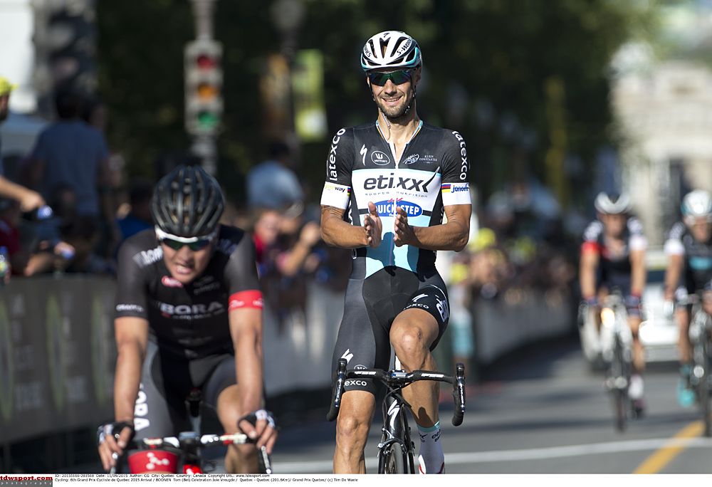 Tom Boonen (Etixx-QuickStep) celebrates his teammates victory in Quebec