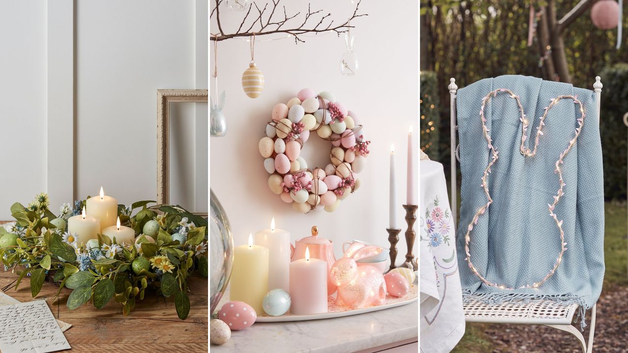 Easter wreath ideas are so cute. Here are three of these - one green leafy wreath with daisies and blue flowers on it and three candles in the middle of it, on a dark brown wooden table with two pieces of paper next to it, in front of a white wall with paneling, one pastel colored egg wreath hanging on a white wall with a marble side table underneath it with white, pink, and white candles, eggs and rabbit decorations on it, with a branch of egg and rabbit decorations above it, and a white iron chair outdoors with a blue throw draped over the top of it and a bunny shaped LED wreath on it, with a white floral tablecloth to the left of it and an ornate garden shelf, a tree, and hedges behind it