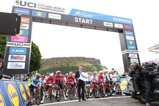 UCI President David Lappartient at the start of the elite men's road race