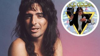 Alice Cooper in 1975 with an inset of the Welcome To My Nightmare album cover