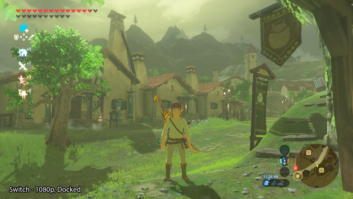 A view of Hateno Village in The Legend of Zelda: Breath of the Wild, running on the Nintendo Switch