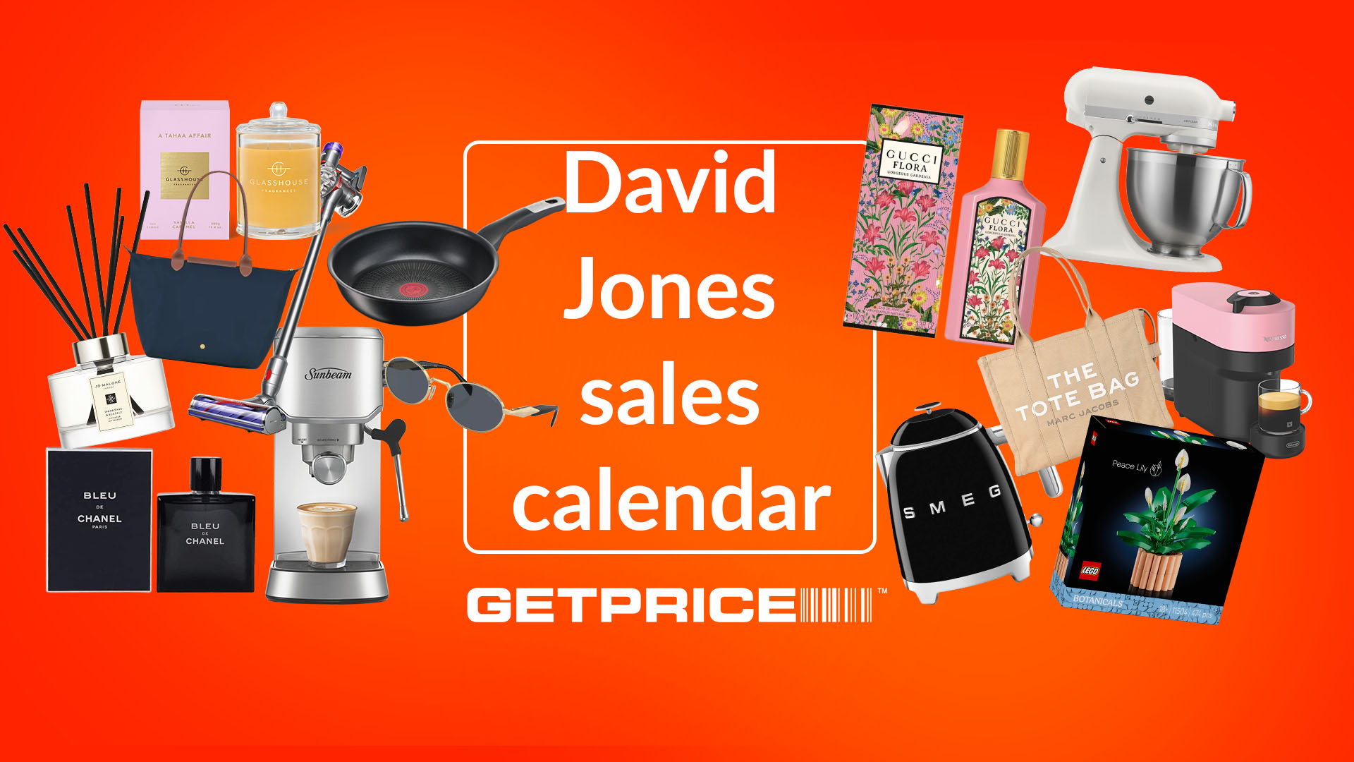 Red background with white text in the middle that says David Jones sales calendar with scattered images of products including coffee makers, perfume, candles and bags