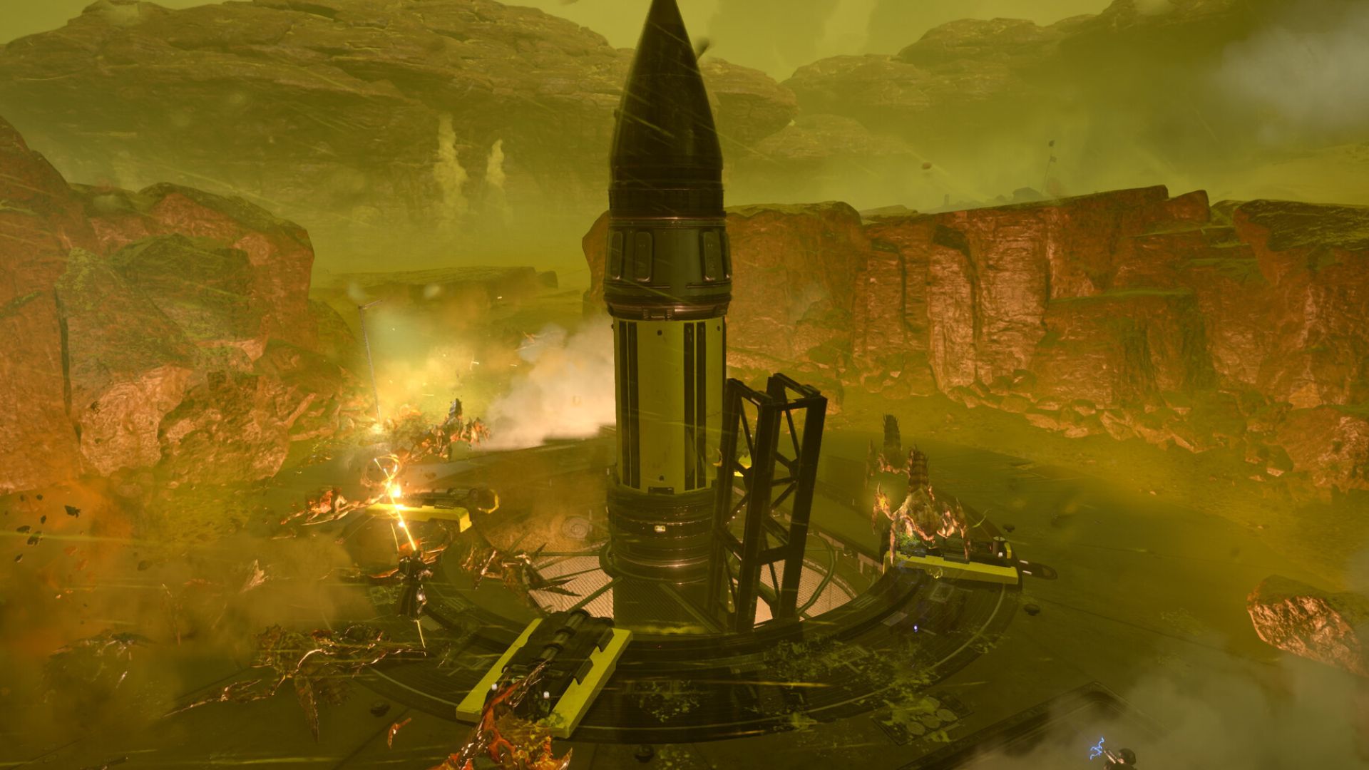 A tower surrounded by alien bugs in Helldivers 2