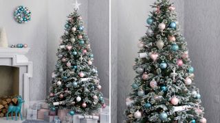 gray living room with snowy christmas tree decorating idea with pastel blue and pink decorations