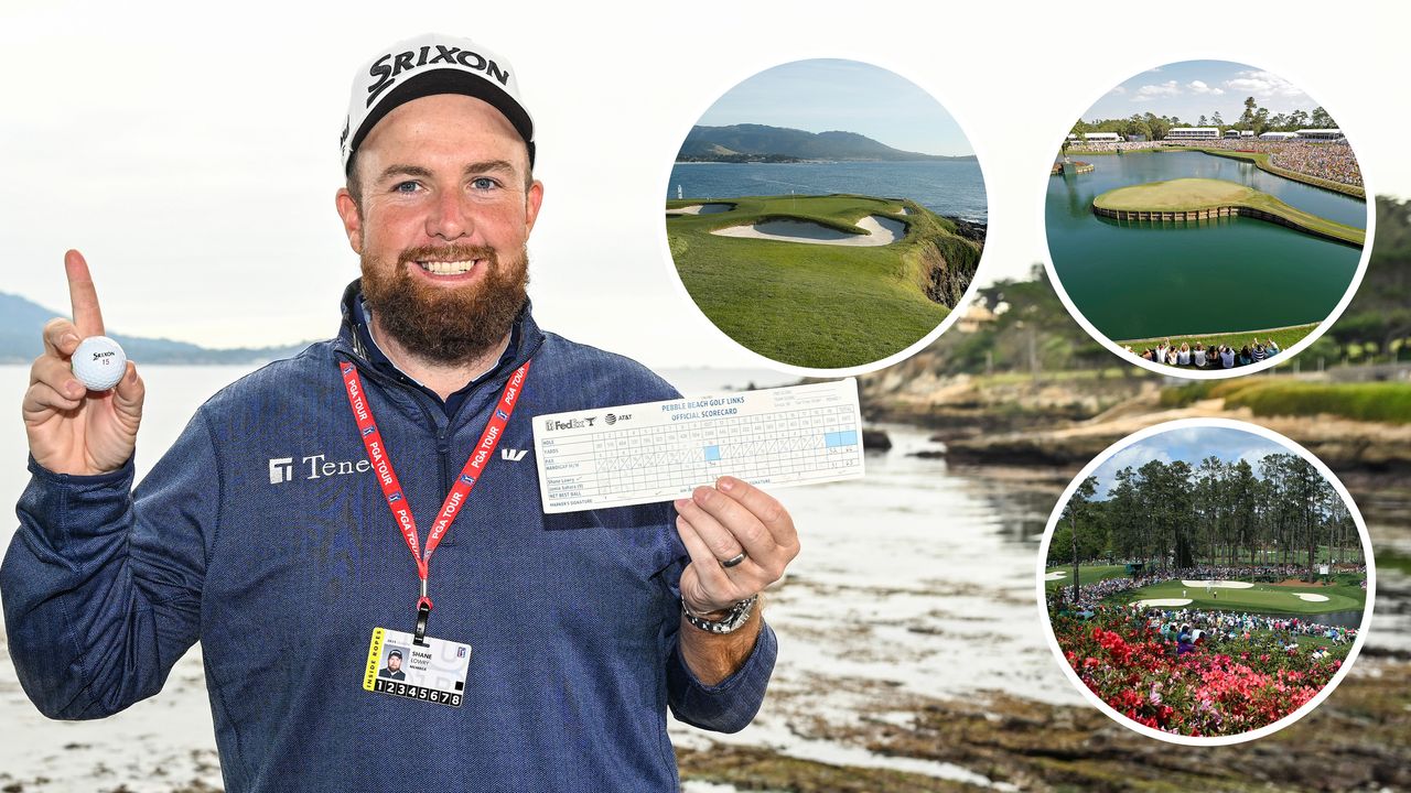 Shane Lowry celebrates making a hole-in-one at the Pebble Beach Pro-Am