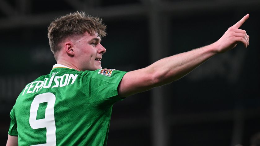 Evan Ferguson of Republic of Ireland celebrates scoring his team&#039;s first goal during the UEFA Nations League 2024/25 League B/C Play-offs Second Leg match between Republic of Ireland and Bulgaria at Aviva Stadium on March 23, 2025 in Dublin, Ireland. 