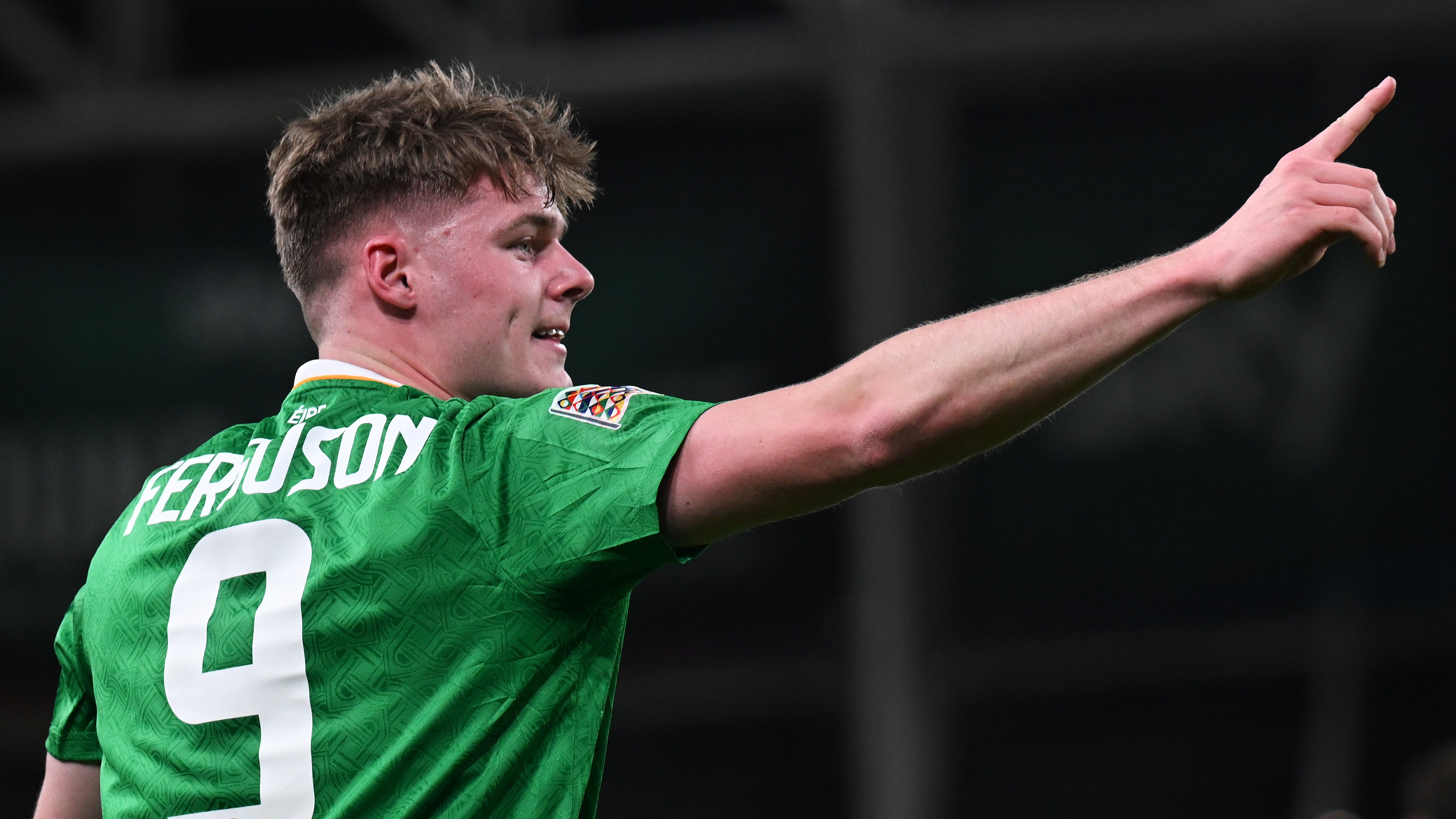 Evan Ferguson of Republic of Ireland celebrates scoring his team's first goal during the UEFA Nations League 2024/25 League B/C Play-offs Second Leg match between Republic of Ireland and Bulgaria at Aviva Stadium on March 23, 2025 in Dublin, Ireland.
