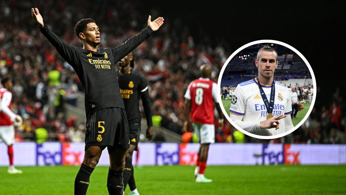 Jude Bellingham of Real Madrid celebrates with teammates after scoring the team&#039;s second goal during the UEFA Champions League match between SC Braga and Real Madrid at Estadio Municipal de Braga on October 24, 2023 in Braga, Portugal. (Photo by Octavio Passos/Getty Images)