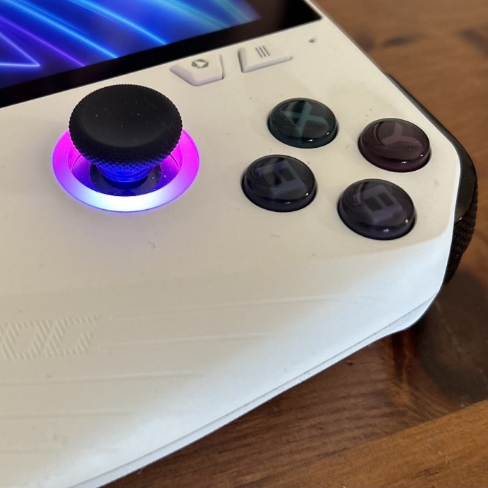Close up on thumbstick and face buttons on Asus ROG Ally