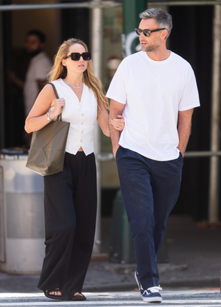 Jennifer Lawrence (L) and Cooke Maroney are seen in the Upper West Side on August 22, 2023 in New York City