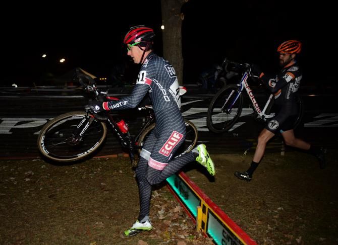 Ben Sonntag (Clff Bar) sprinting over the lighted barriers