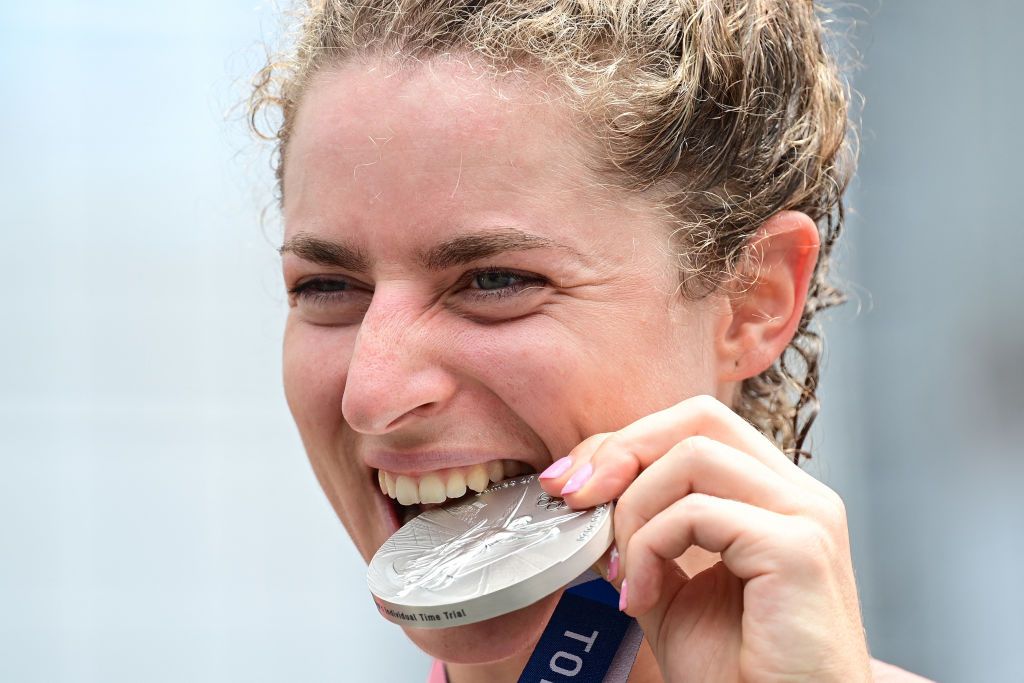 Silver medalist Switzerlands Marlen Reusser celebrates on the podium of the womens cycling road individual time trial during the Tokyo 2020 Olympic Games at the Fuji International Speedway in Oyama Japan on July 28 2021 Photo by Ina FASSBENDER AFP Photo by INA FASSBENDERAFP via Getty Images