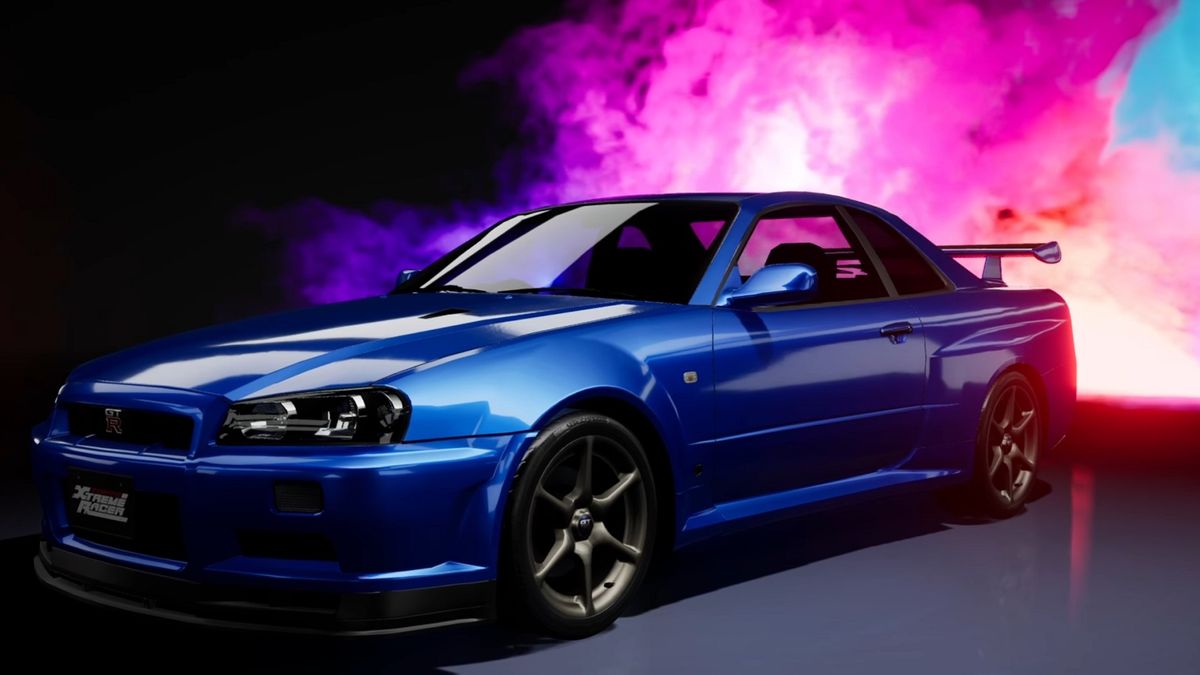 A Blue car in front of a color splash on black background in Tokyo Xtreme Racer