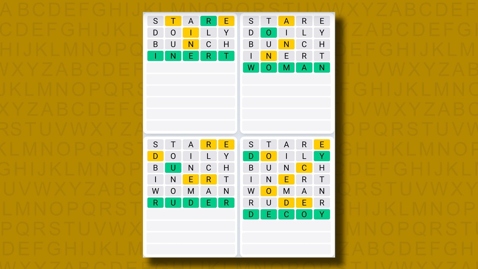 Quordle Daily Sequence Answers for Game 902 on a yellow background