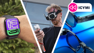 An Apple Watch, Insta360 Antigravity, and the Vive Eagle next to each other.