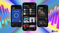 A Spotify promo image showing three smartphones displaying the Spotify homepage and Spotify's DJ feature.
