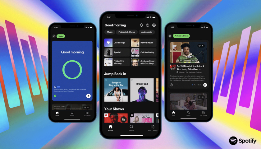 A Spotify promo image showing three smartphones displaying the Spotify homepage and Spotify&#039;s DJ feature.