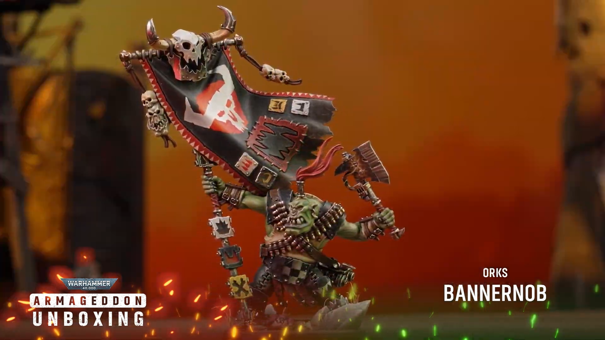 An array of Ork models against a fiery background