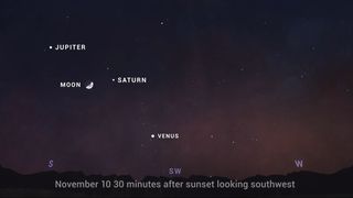 The crescent moon will shine near Saturn and Jupiter on Wednesday and Thursday (Nov. 10-11).