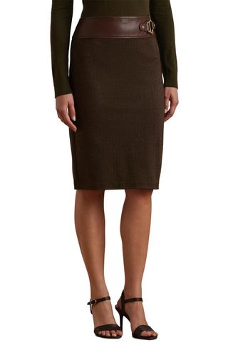 Buckle Trim Herringbone Pencil Skirt