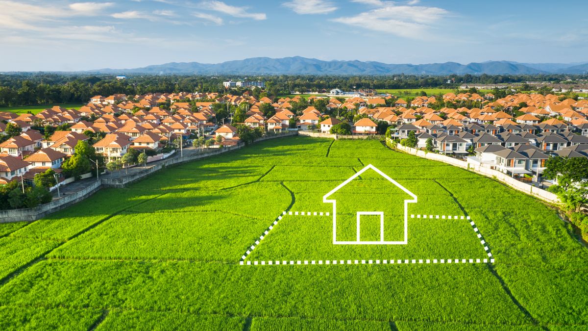 image of large green section of unused land in amongst houses with white outline of land and plot showing on one section