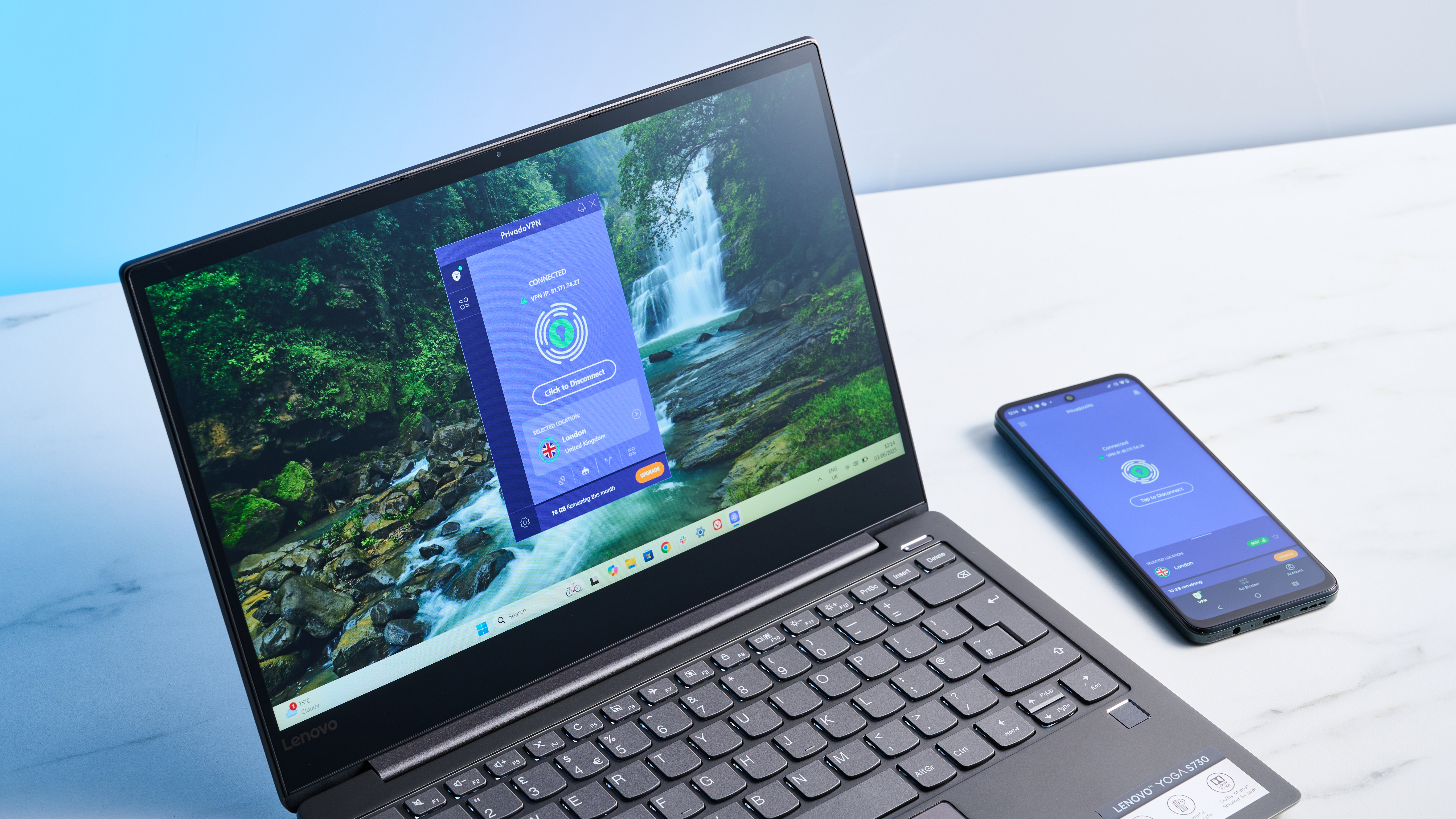 PrivadoVPN Free running on a Windows PC and Android smartphone