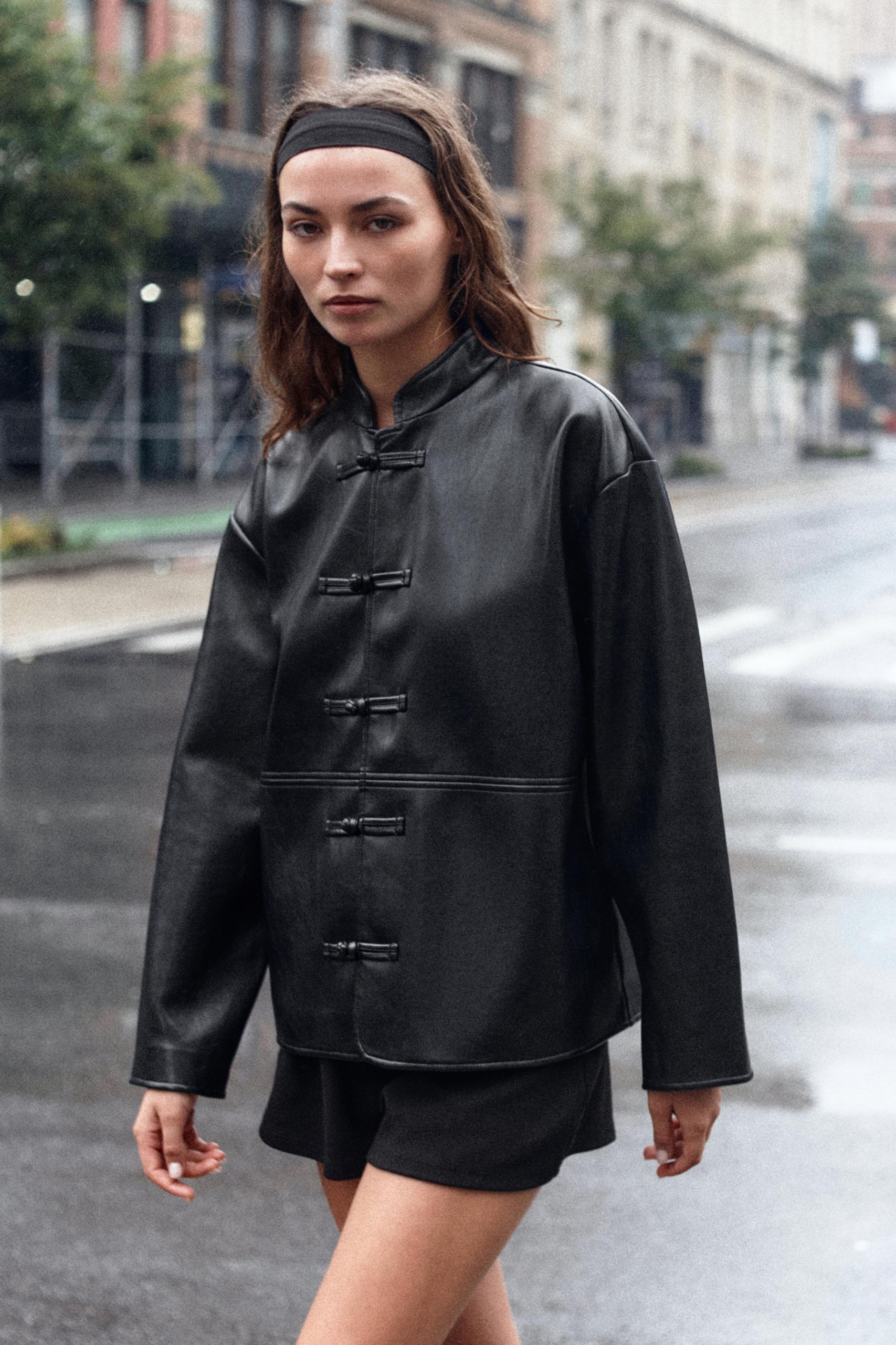 Leather Effect Jacket With Frog Fastening - Black - S