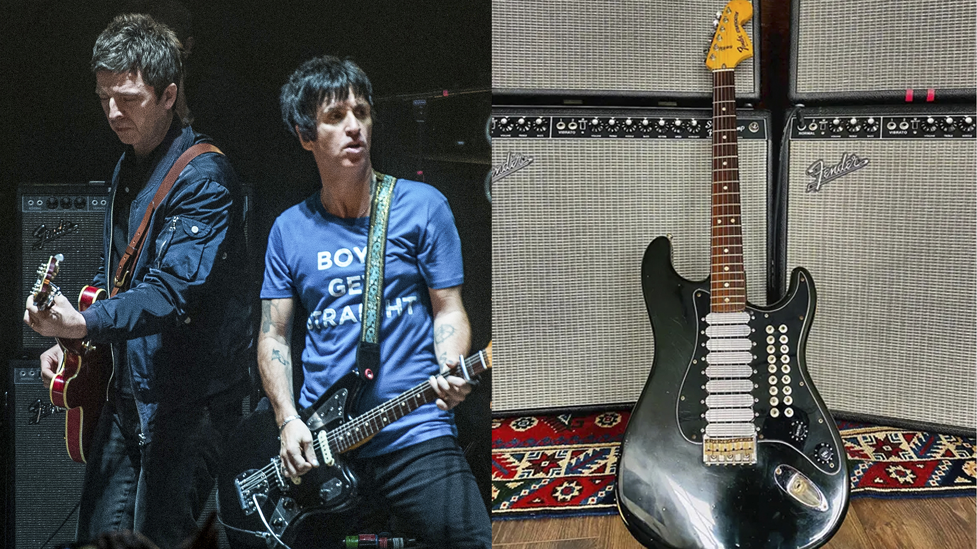 LEFT: Noel Gallagher and Johnny Marr perform two songs together at the end of Johnny Marr's show at Brixton Academy on October 23, 2014 in London, England. RIGHT: A photo of Marr's nine-pickup Stratocaster