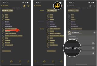 View highlights by each user in Notes on iPhone by showing: Swipe right to reveal highlights, or tap Collaborate, then tap Show Highlights