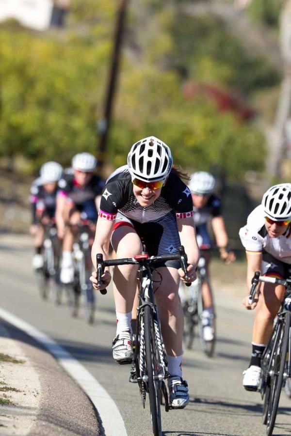 Clara Hughes splits the group on a training ride in California