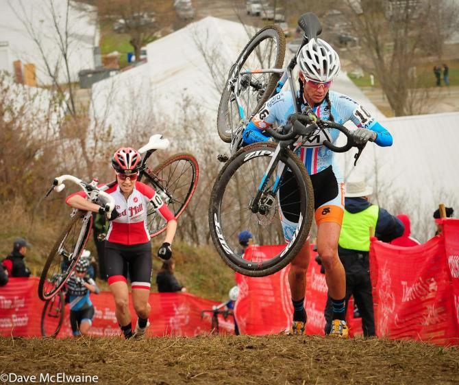 Nicole Duke (Marin bikes/Spy Optics) cresting the big hill with Mo Bruno-Roy behind her