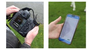 Photograph of equine photographer Emma Campbell holding her Nikon D4 camera, taken during a photoshoot at Caldbeck Common in Cumbria, England, and (right) the Neigh smartphone app for iOS