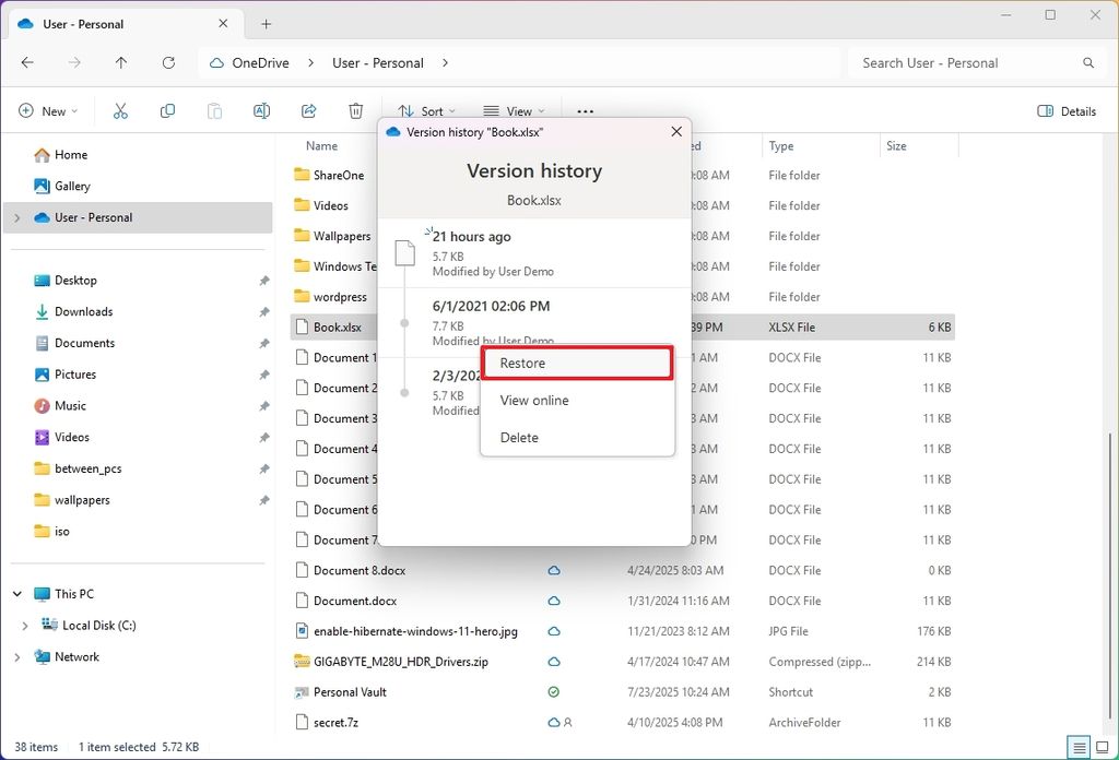 Restore option for OneDrive file