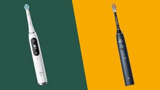 Oral-B iO Series 9 and Philips Sonicare 9900 Prestige electric toothbrushes on green and yellow background