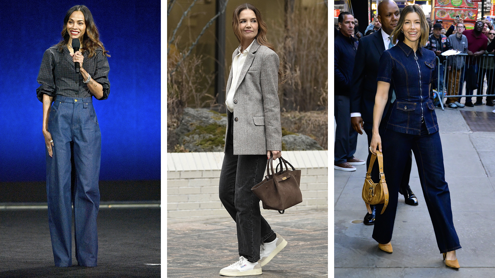 Zoe Saldana, Katie Holmes, Jessica Biel wearing denim trends 2026