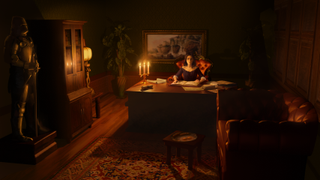 A screenshot from The Necromancer's Tale showing a woman sitting behind a desk in a mysterious, dimly lit room