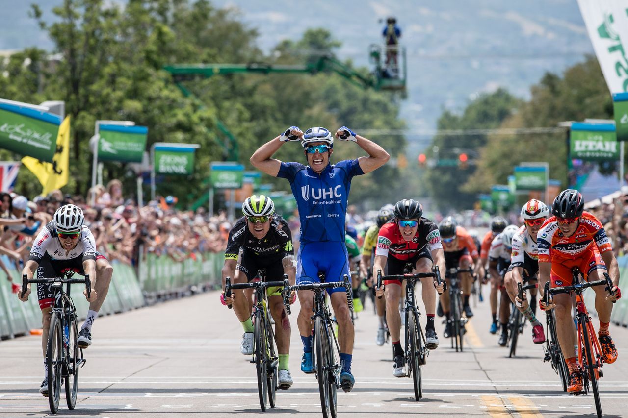 Travis McCabe celebrates winning stage 5 in Utah