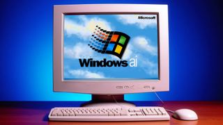 Windows AI bootscreen mirroring Windows 95 startup on an old CRT-style monitor.