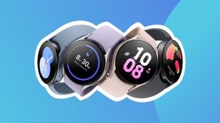 Product shots of the Samsung Galaxy Watch 5 on a colourful background