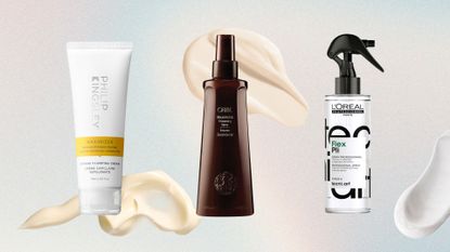 Best hair thickening products from Philip Kingsley, Oribe and Loreal Paris on a pastel-coloured background