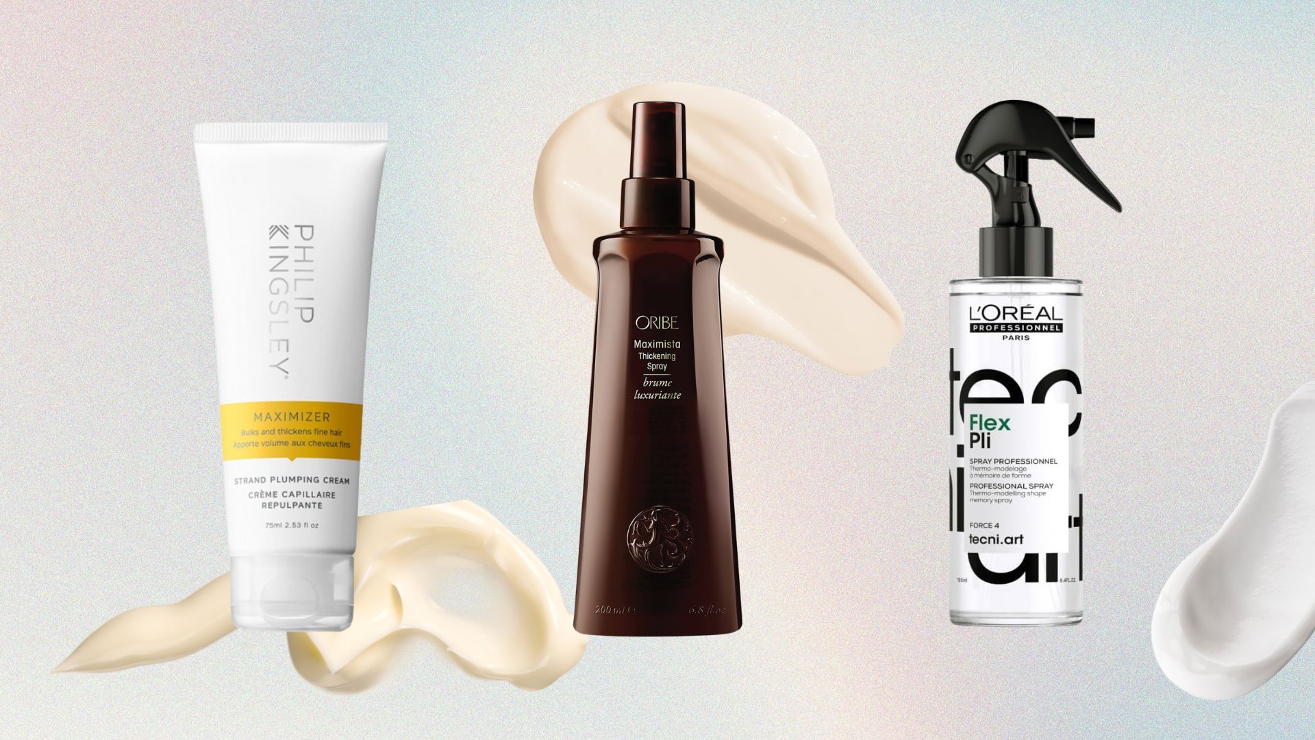 Best hair thickening products from Philip Kingsley, Oribe and Loreal Paris on a pastel-coloured background