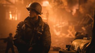 A cinematic screenshot from the Call of Duty: WWII campaign.