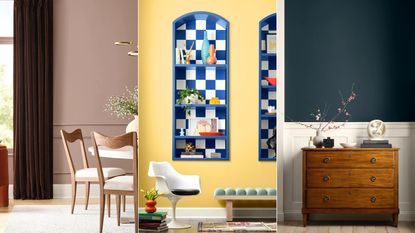 muted pink dining space, yellow wall with bright blue shelving, calming entryway with dark wall