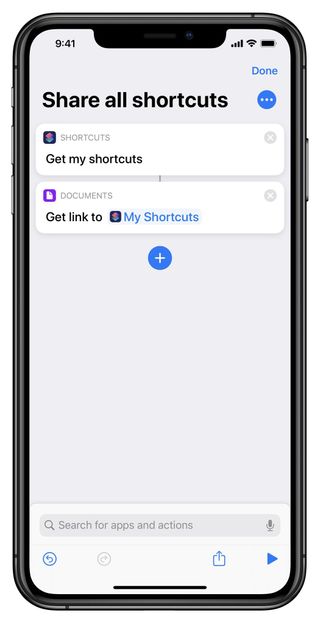 Screenshot showing shortcut on iPhone with only Get My Shortcuts and Get Link to File actions.