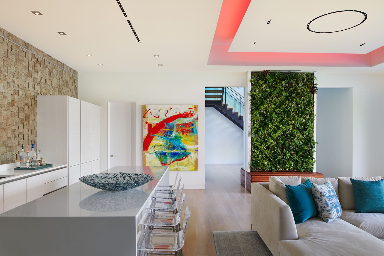 vertical garden full of leaves in an open plan dining room