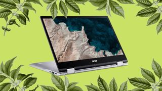 The Acer Chromebook Spin 513 on a green background surrounded by leaves